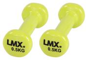 Fargerike LMX vinylmanualer fra 0,5 til 5 kilo stilt opp i rekke