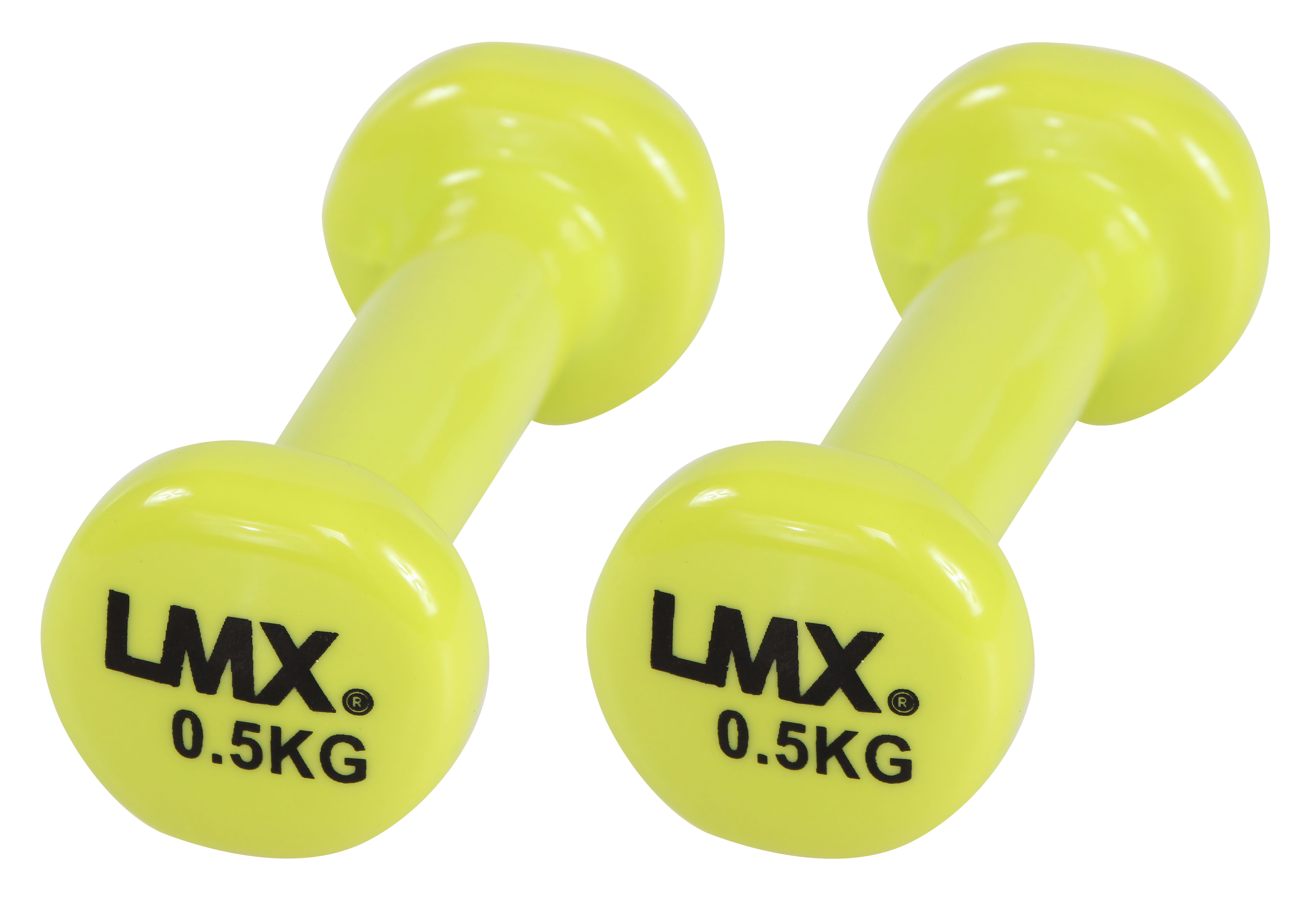 Fargerike LMX vinylmanualer fra 0,5 til 5 kilo stilt opp i rekke